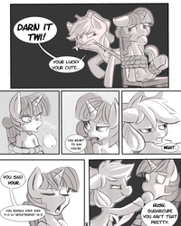 Size: 2800x3500 | Tagged: safe, artist:fauxsquared, applejack, twilight sparkle, earth pony, pony, unicorn, g4, applejack's hat, bondage, chair, comic, cowboy hat, crying, dialogue, eyes closed, female, floppy ears, fourth wall, gag, glare, grammar error, grammar nazi, gritted teeth, hat, hoof hold, lesbian, mare, mouth hold, open mouth, orange, pedantry, raised eyebrow, rope, ship:twijack, shipping, sitting, smirk, speech bubble, tied up, underhoof, wide eyes, you're