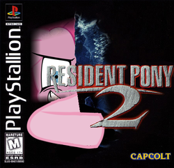 Size: 896x862 | Tagged: safe, artist:nickyv917, pinkie pie, earth pony, pony, g4, crossover, esrb, female, m rating, mare, parody, playstation, playstation 1, pun, resident evil, resident evil 2