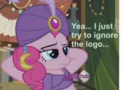 Size: 900x660 | Tagged: safe, edit, edited screencap, screencap, pinkie pie, earth pony, pony, g4, it's about time, clothes, cropped, female, hooves behind head, hub logo, image macro, madame pinkie, scarf, solo, turban