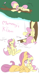 Size: 2379x4443 | Tagged: safe, artist:kryptchild, fluttershy, oc, g4, band-aid, comic, faceplant, filly, injured, kissing, mother