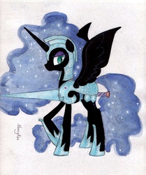 Size: 1233x1473 | Tagged: safe, artist:nancyksu, nightmare moon, pony, g4, armor, female, lance, solo, traditional art