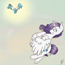 Size: 1000x1000 | Tagged: safe, artist:akara-art, fleetfoot, misty fly, rarity, soarin', alicorn, pony, g4, flying, race swap, raricorn, wonderbolts