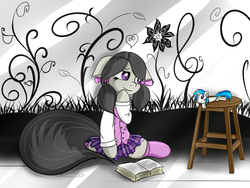 Size: 1024x768 | Tagged: safe, artist:pon-ea, dj pon-3, octavia melody, vinyl scratch, pony, g4, alternate hairstyle, book, clothes, female, plushie, smiling, solo, younger