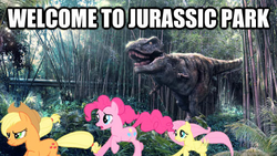 Size: 500x282 | Tagged: safe, applejack, fluttershy, pinkie pie, dinosaur, tyrannosaurus rex, g4, bamboo, crossover, jurassic park