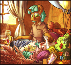 Size: 2000x1820 | Tagged: safe, artist:atryl, fluttershy, oc, oc only, oc:typhoon, anthro, g4, balloon, bed, bread, breakfast in bed, feather flu, flower, food, photo, plushie, red nosed, sick, soup, technically advanced, thermometer, wind