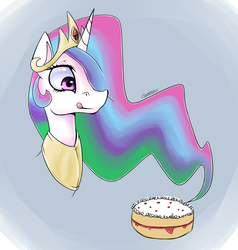 Size: 1258x1324 | Tagged: safe, artist:eshredder, princess celestia, pony, g4, bust, cake, cakelestia, eyes on the prize, female, food, hair over one eye, licking lips, smiling, solo, tongue out, wide eyes