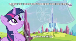 Size: 842x465 | Tagged: safe, edit, edited screencap, screencap, twilight sparkle, pony, g4, my little pony: friendship is magic, season 3, the crystal empire, crystal empire, female, hoof on chest, impact font, solo, text, the ballad of the crystal empire