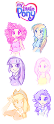 Size: 329x750 | Tagged: safe, artist:drew-winchester, applejack, fluttershy, pinkie pie, rainbow dash, rarity, twilight sparkle, human, g4, humanized, inaccurate logo, mane six