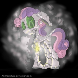 Size: 3000x3000 | Tagged: safe, artist:animeculture, sweetie belle, pony, robot, robot pony, unicorn, g4, blank flank, dock, female, filly, floppy ears, foal, hooves, horn, repairing, robot gore, self-repair, solo, sweetie bot
