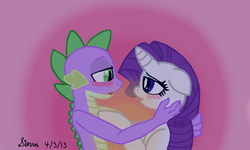 Size: 854x512 | Tagged: safe, artist:spleedoodlez, rarity, spike, g4, blushing, ship:sparity, shipping