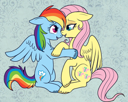 Size: 520x415 | Tagged: safe, artist:lulubell, fluttershy, rainbow dash, g4, female, lesbian, nuzzling, ship:flutterdash, shipping, unshorn fetlocks