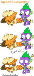 Size: 900x2000 | Tagged: safe, artist:mushroomcookiebear, applejack, spike, dragon, earth pony, pony, g4, comic, female, male, mare