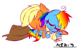 Size: 1024x643 | Tagged: safe, artist:mushroomcookiebear, applejack, rainbow dash, g4, cute, female, lesbian, ship:appledash, shipping, sleeping