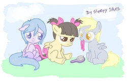 Size: 1043x665 | Tagged: safe, artist:catwhitney, derpy hooves, sleepy skies, wild fire, g4, filly, younger