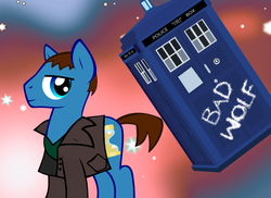 Size: 690x502 | Tagged: safe, doctor whooves, time turner, earth pony, pony, g4, bad wolf, christopher eccleston, doctor who, jumper, male, ninth doctor, peacoat, ponified, solo, stallion, tardis, the doctor