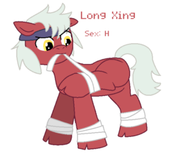 Size: 587x540 | Tagged: safe, artist:voltrathelively, oc, oc only, earth pony, pony, bandage, cloven hooves, futa, headband, intersex, mouth hold, solo