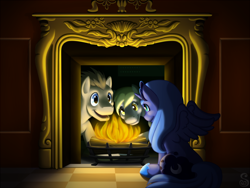 Size: 800x600 | Tagged: safe, artist:shrineheart, derpy hooves, doctor whooves, princess luna, time turner, pegasus, pony, g4, doctor who, female, fireplace, mare, the girl in the fireplace