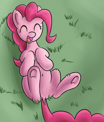 Size: 3000x3500 | Tagged: safe, artist:erockertorres, pinkie pie, earth pony, pony, g4, belly button, cute, diapinkes, dock, ear fluff, eyes closed, female, grass, leg fluff, mare, on back, open mouth, smiling, solo