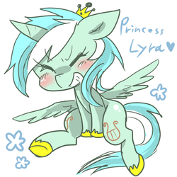 Size: 600x600 | Tagged: safe, artist:kyubi, lyra heartstrings, alicorn, pony, g4, alicornified, blushing, crown, cute, eyes closed, female, grin, lyrabetes, lyracorn, pixiv, princess, princess lyra heartstrings, race swap, simple background, smiling, solo, spread wings, white background