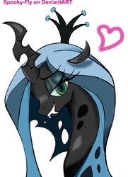 Size: 761x1049 | Tagged: source needed, safe, artist:spooky-fly, queen chrysalis, changeling, changeling queen, g4, bedroom eyes, fangs, female, heart, solo
