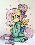 Size: 787x1016 | Tagged: safe, artist:oriwhitedeer, fluttershy, pony, g4, alternate hairstyle, cherry blossoms, fan, female, kimono (clothing), solo, traditional art