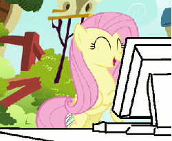 Size: 332x273 | Tagged: safe, fluttershy, pony, g4, animated, computer, cute, eyes closed, female, happy, hoofy-kicks, open mouth, reaction image, smiling, solo, typing