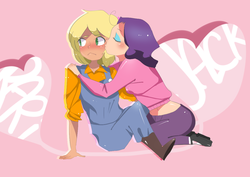 Size: 1213x857 | Tagged: safe, artist:tsunagakami, applejack, rarity, human, g4, belly button, blushing, female, humanized, kissing, lesbian, midriff, ship:rarijack, shipping