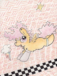 Size: 735x979 | Tagged: safe, artist:slightlyshade, scootaloo, pony, g4, 80s, clothes, female, socks, solo, traditional art