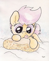 Size: 738x926 | Tagged: safe, artist:slightlyshade, scootaloo, pony, g4, cake, female, food, snow, solo, strudel, traditional art