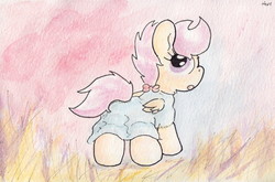 Size: 1090x720 | Tagged: safe, artist:slightlyshade, scootaloo, pony, g4, clothes, dress, female, solo, traditional art