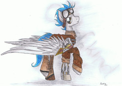 Size: 2440x1716 | Tagged: safe, artist:all-twinkie, oc, oc only, pegasus, pony, amputee, male, prosthetic limb, stallion, steampunk, traditional art