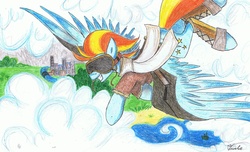 Size: 2380x1448 | Tagged: safe, artist:all-twinkie, lightning dust, pegasus, pony, g4, female, flying, solo, steampunk, traditional art