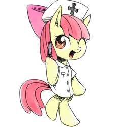 Size: 450x480 | Tagged: safe, artist:30clock, apple bloom, earth pony, pony, g4, adorabloom, bipedal, cute, female, nurse, pixiv, solo, syringe