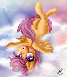 Size: 955x1100 | Tagged: safe, artist:knifeh, scootaloo, pony, g4, chest fluff, cloud, cloudy, cute, cutealoo, female, on back, solo