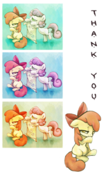 Size: 3000x5000 | Tagged: dead source, safe, artist:snufflin, apple bloom, sweetie belle, g4, card, sad