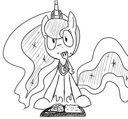 Size: 460x430 | Tagged: safe, artist:30clock, princess luna, pony, g4, female, fork, lineart, monochrome, pixiv, solo, tray