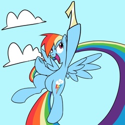 Size: 500x500 | Tagged: safe, artist:30clock, rainbow dash, pegasus, pony, g4, 1, blue background, cloud, female, flying, mare, pixiv, rainbow trail, simple background, sky, solo, wings