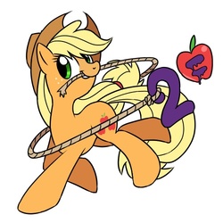 Size: 500x500 | Tagged: safe, artist:30clock, applejack, earth pony, pony, g4, apple, female, japanese, lasso, mouth hold, obligatory apple, pixiv, simple background, solo