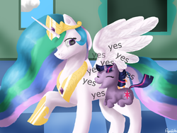 Size: 1024x768 | Tagged: safe, artist:agussska, princess celestia, twilight sparkle, g4, duo, filly, yes yes yes