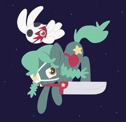 Size: 1056x1024 | Tagged: safe, artist:seabastian, earth pony, pony, rabbit, annie, annie of the stars, eye, eyepatch, female, mare, mouth hold, pigtails, ponified, sagan, skullgirls, sword