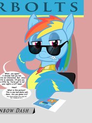 Size: 774x1032 | Tagged: safe, artist:darkonix, rainbow dash, scootaloo, pegasus, pony, g4, desk, element of loyalty, photo, rainbow douche, scootabuse, sunglasses, wonderbolts uniform