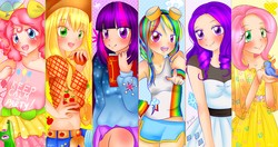 Size: 5950x3150 | Tagged: safe, artist:monicherrie, applejack, fluttershy, gummy, pinkie pie, rainbow dash, rarity, twilight sparkle, human, g4, clothes, dress, humanized, mane six, midriff, skirt