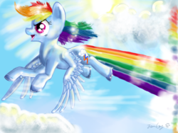Size: 1024x768 | Tagged: safe, artist:talkingtomysoul, rainbow dash, pony, g4, cloud, cloudy, female, flying, solo