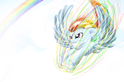 Size: 900x600 | Tagged: safe, artist:katie-the-fox, rainbow dash, g4, flying, rainbow, solo, spread wings, trail, wings