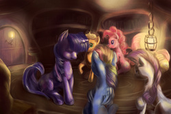 Size: 3000x2000 | Tagged: safe, artist:viwrastupr, applejack, fluttershy, pinkie pie, rainbow dash, rarity, twilight sparkle, friendship is magic, g4, candle, dark, eyes closed, lantern, lighting, mane six, open mouth, raised hoof, sad, scene interpretation, sitting