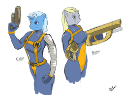 Size: 1900x1483 | Tagged: safe, artist:remenbrand, derpy hooves, trixie, anthro, g4, gun, parody, x-men