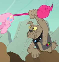 Size: 682x719 | Tagged: safe, screencap, pinkie pie, spot, diamond dog, a dog and pony show, g4, cropped, out of context, tail pull