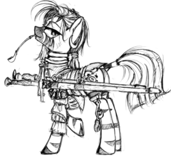 Size: 593x551 | Tagged: safe, artist:madhotaru, zecora, pony, zebra, g4, badass, bedroom eyes, butt, crossover, female, monochrome, mouth hold, pipe, plot, simple background, solo, sword, the witcher, weapon