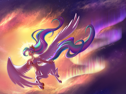 Size: 1024x768 | Tagged: safe, artist:artofcarmen, artist:dark-cyrin, princess celestia, centaur, ponytaur, g4, alicentaur, aurora borealis, backlighting, belly button, centaurlestia, flying, looking at you, smiling, spread wings, windswept mane