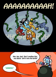 Size: 892x1228 | Tagged: safe, artist:toonbat, draggle, hydia, reeka, snails, snips, trixie, anthro, g1, g4, 2 panel comic, bloomers, clothes, comic, dress, phlume, phlume plant, rule 63, spice, sugar, tentacles